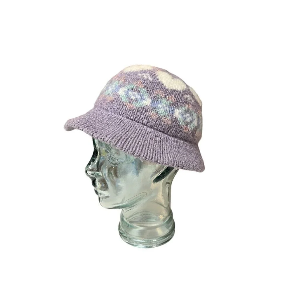 Vtg Pastel Purple Heart Knit Bucket Cloche Hat Fairy Kei y2k Fuzzy Kidcore
